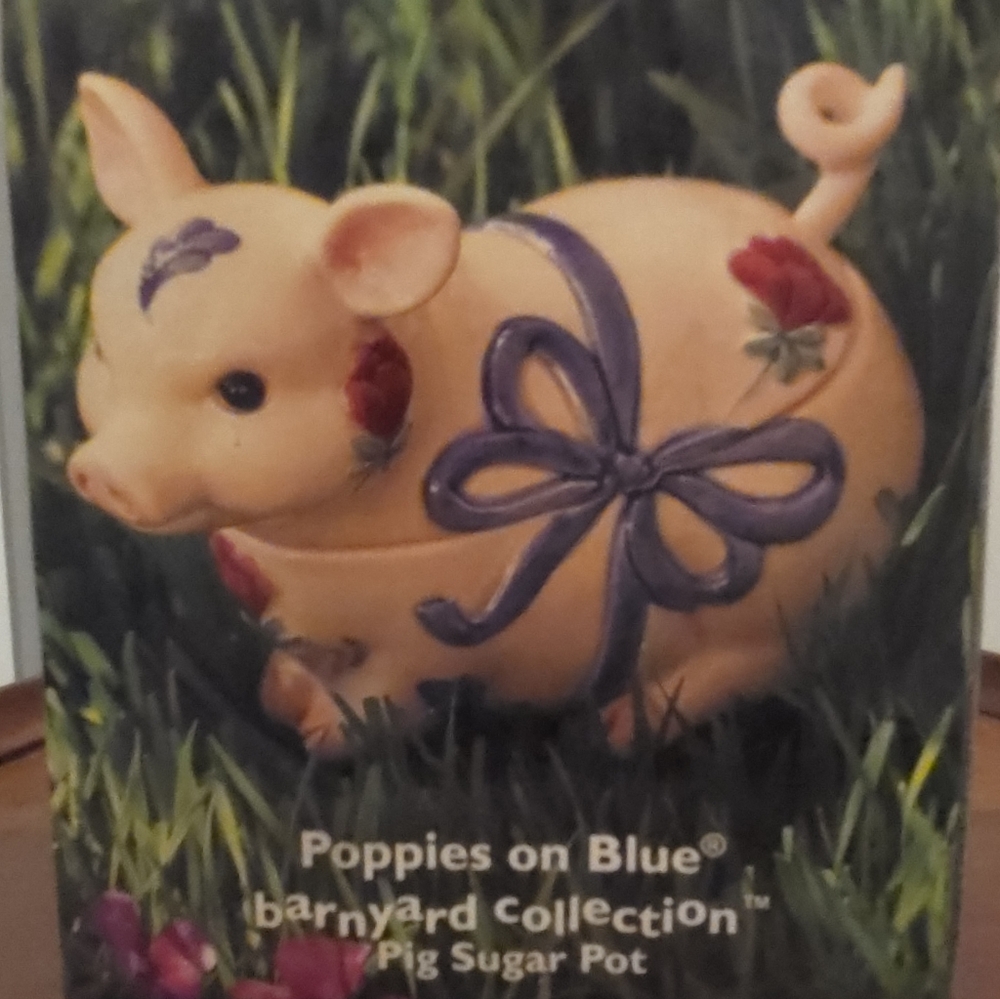 Lenox Poppies on Blue Pig Sugar Pot, Barnyard Collection